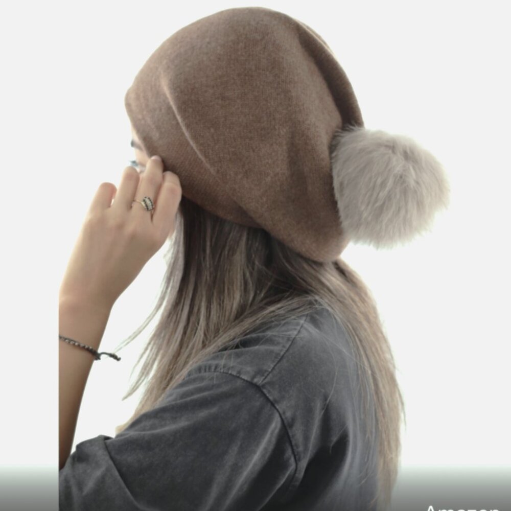 NWT LA FIORENTINA BROWN WOOL CASHMERE BLEND FOX FUR POM-POM KNIT BEANIE ONE SIZE